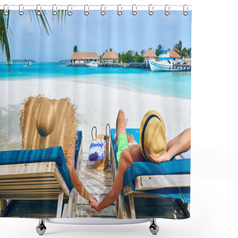 Personality  Couple At Beach On Wooden Sun Bed Loungers Shower Curtains