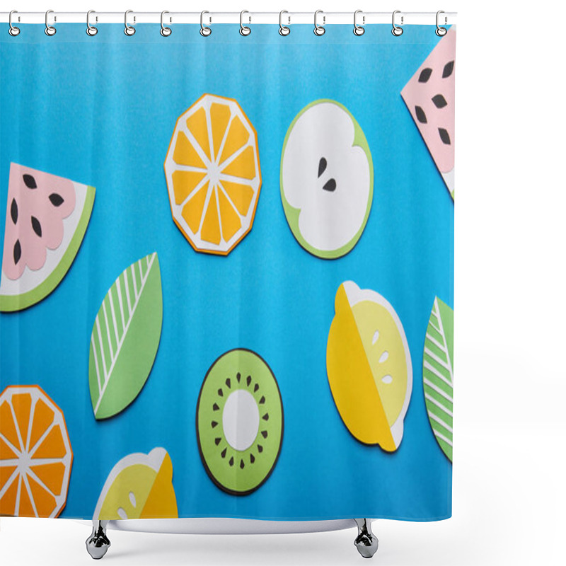 Personality  Top View Of Paper Cut Lemons, Leaves, Oranges, Kiwi And Watermelons On Blue Background Shower Curtains