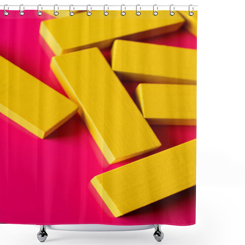 Personality  Close Up Of Yellow Quadrangular Blocks On Pink Background, Top View Shower Curtains