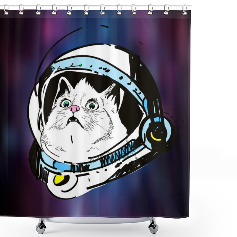 Personality  Vector Art, Sketch, Illustration, Print On T-shirt, Surprised Cat In Outer Helmet In Space, Tattoo Shower Curtains