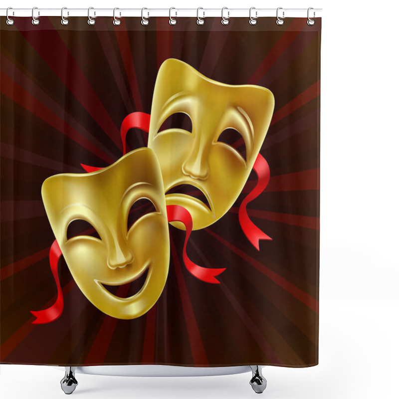 Personality  Theater Masks On A Red Background. Golden Masks. Theater Scene. Mesh. Clipping Mask Shower Curtains