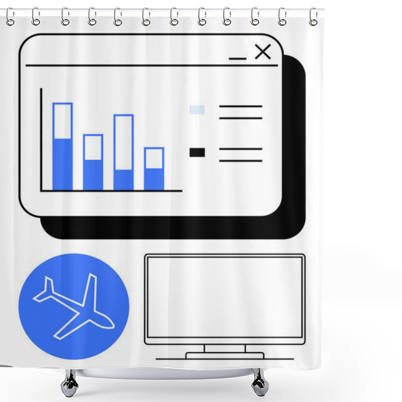 Personality  Browser Window Displaying A Bar Chart With Three Bars In Blue, A Small Airplane Icon In A Blue Circle, And A Computer Screen. Ideal For Travel Booking, Data Analysis, Tech Interfaces, Business Shower Curtains