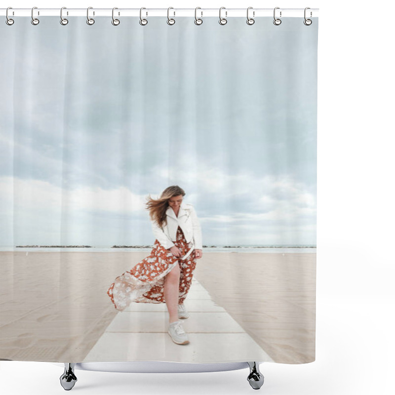 Personality  A Girl In A Flying Dress Is Walking Along The Coast Shower Curtains