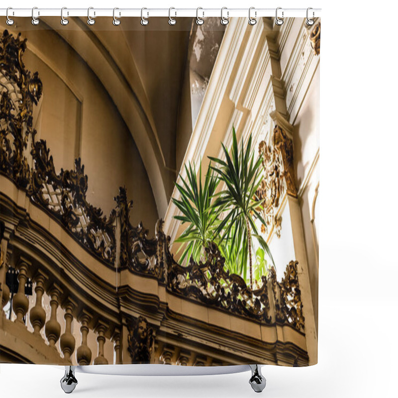 Personality  LVIV, UKRAINE - OCTOBER 23, 2019: Balcony With Balustrade And Natural Plants In Dominican Church Shower Curtains