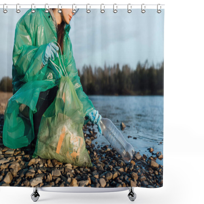 Personality  Volunteer Female Cleaning Garbage Near River  Shower Curtains