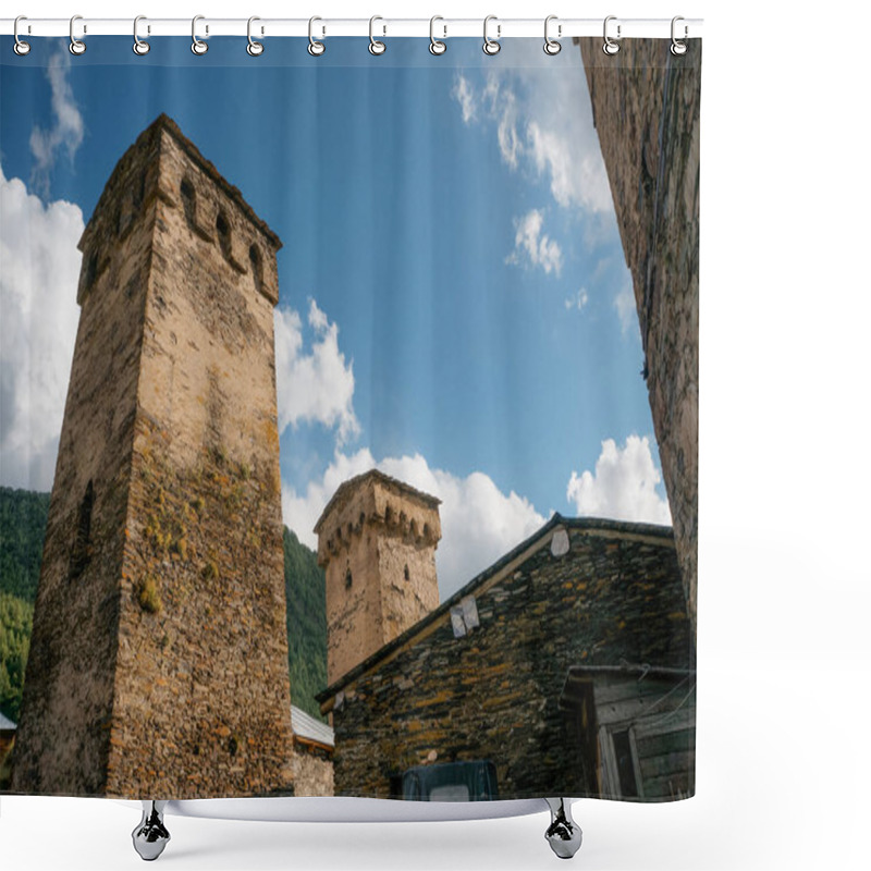 Personality  Low Angle View Of Old House With Hill On Background, Ushguli, Svaneti, Georgia Shower Curtains