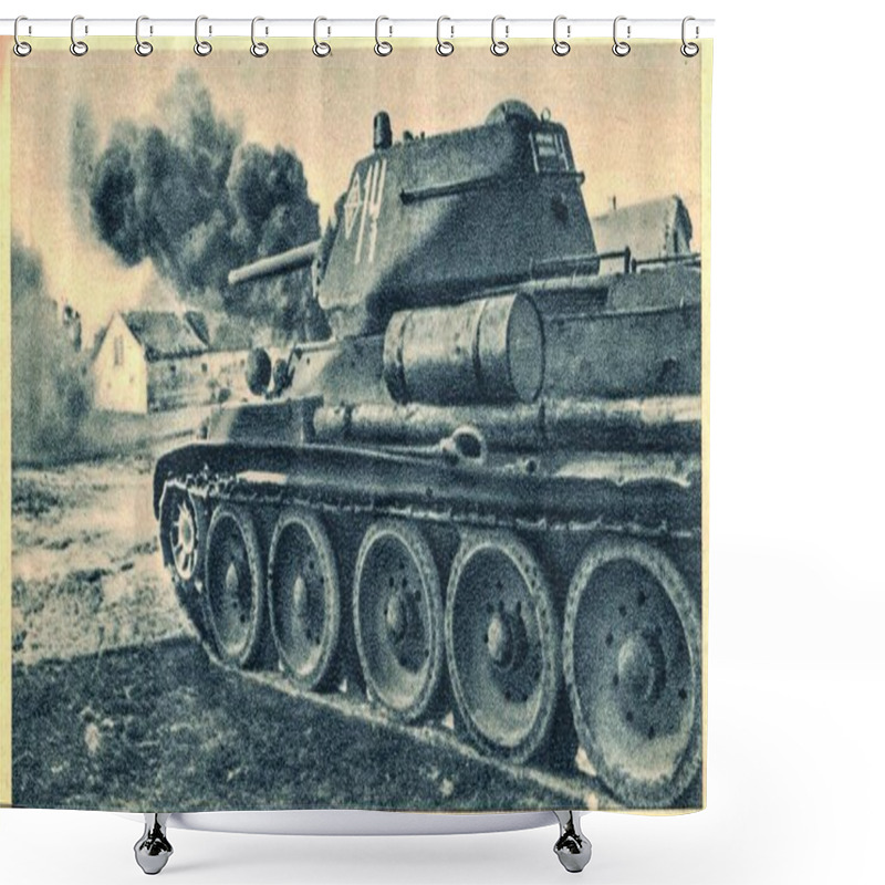 Personality  EUROPE - CIRCA 1943: The T-34 Is A Soviet Medium Tank Introduced In 1940, Famously Deployed During World War II Against Operation Barbarossa. The T-34 Destroys Unknown Village In Europe. Shower Curtains