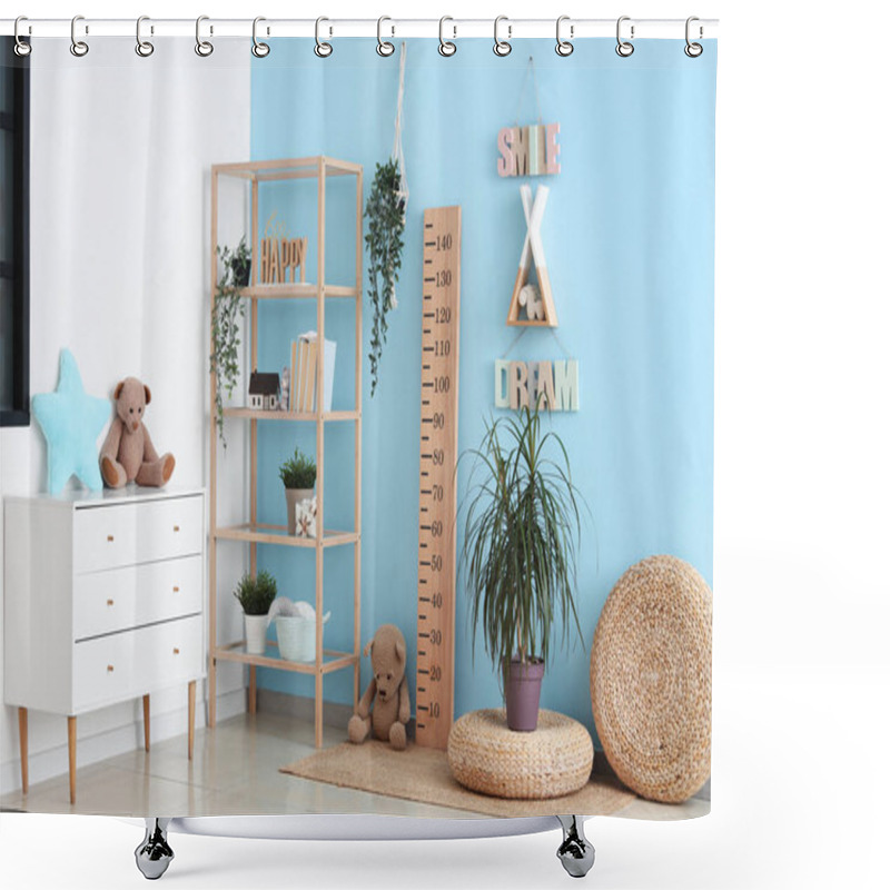 Personality  Interior Of Stylish Children's Room With Wooden Stadiometer, Chest Of Drawers And Toys Shower Curtains