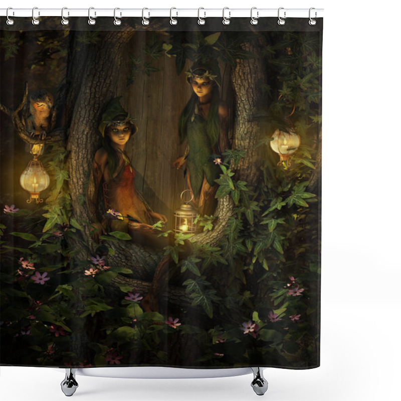 Personality  Two Tree Pixies At Night, 3d CG Shower Curtains