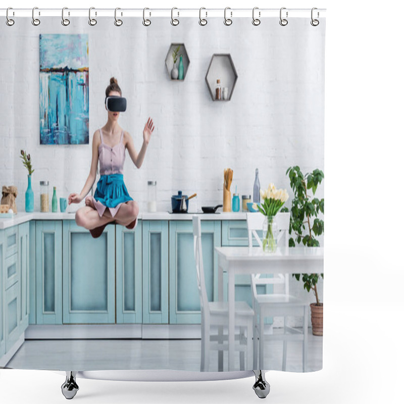 Personality  Young Woman Levitating In Air In Virtual Reality Headset And Gesturing In Kitchen Shower Curtains