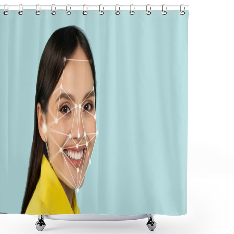 Personality  A Woman Is Smiling Brightly While A Digital Facial Recognition Grid Is Superimposed On Her Face. The Background Is A Soothing Light Blue, Emphasizing Her Cheerful Expression. Shower Curtains