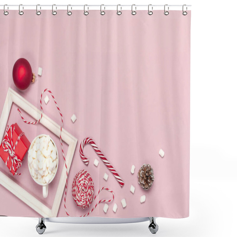 Personality  White Mug With Marshmallows Candy Cane Gifts Boxes Red Ball Packaging Lace Photo Frame On Pink Background Top View Flat Lay Winter Traditional Drink Food. Festive Decor Celebration Christmas New Year Holiday Shower Curtains