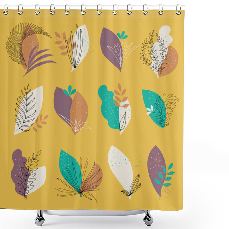 Personality  Vector Set Of Abstract Leaves Elements And Doodle Objects On Yellow Shower Curtains