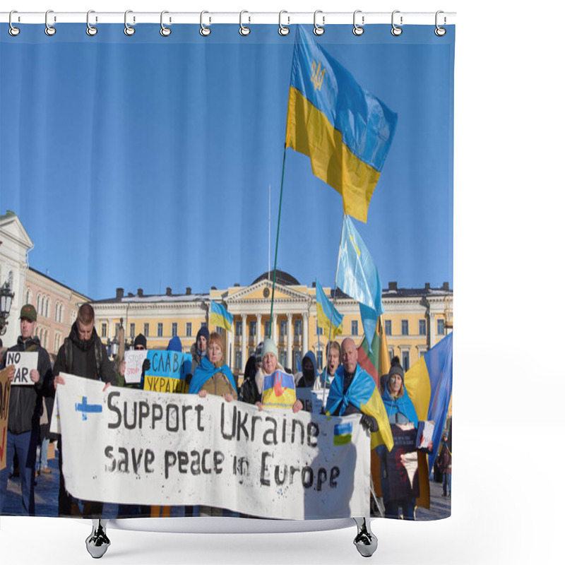 Personality  Helsinki, Finland - February 26, 2022: Demonstrators In A Rally Against Russias Military Aggression And Occupation Of Ukraine Carrying Support Ukraine - Save The Peace In Europe Sign At  Senate Square. Shower Curtains