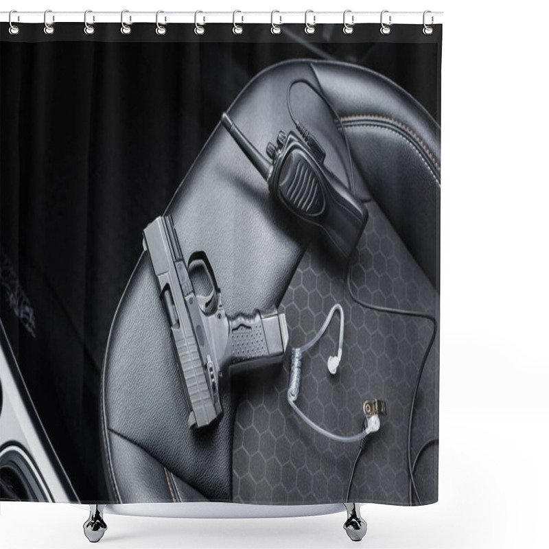 Personality  Top View Of Walkie Talkie, Black Gun And Security Earpiece On Car Seat  Shower Curtains