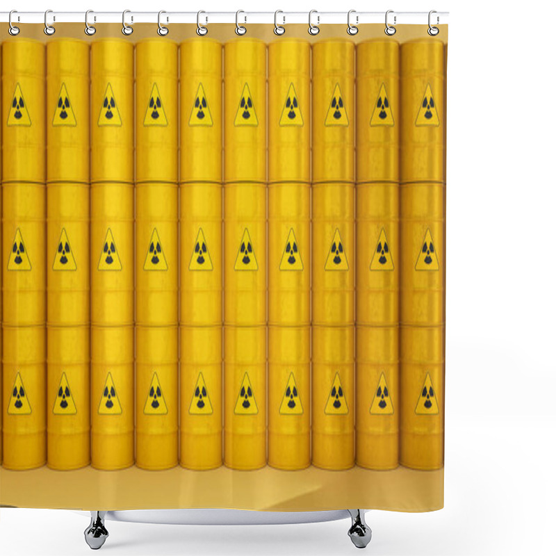 Personality  Radioactive Storage Tanks With A Warning For Chemical And Radiation Risks On A Yellow Backdrop.,3d Rendering Shower Curtains