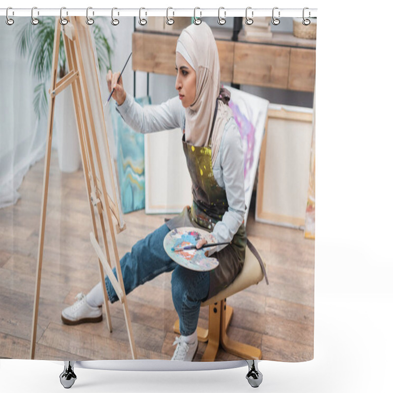 Personality  Full Length View Of Muslim Woman Drawing On Easel At Home Shower Curtains