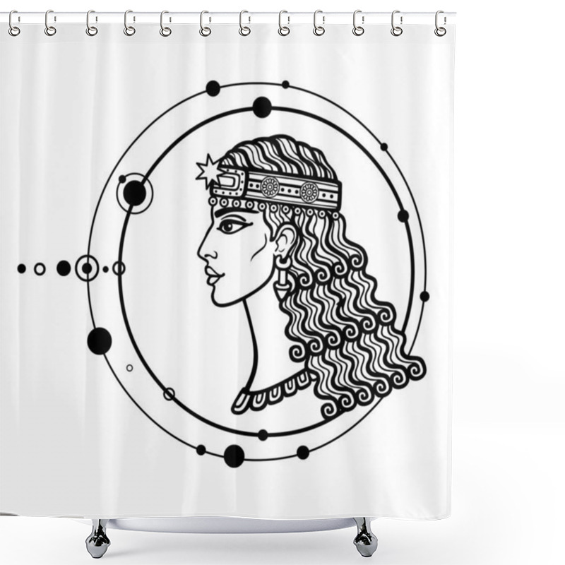 Personality  Cartoon Drawing: Beautiful Woman, Character In Assyrian Mythology. Ishtar, Astarta, Inanna. Profile View. Orbits Of Planets, Space Symbols. Vector Illustration Isolated On A White Background. Shower Curtains