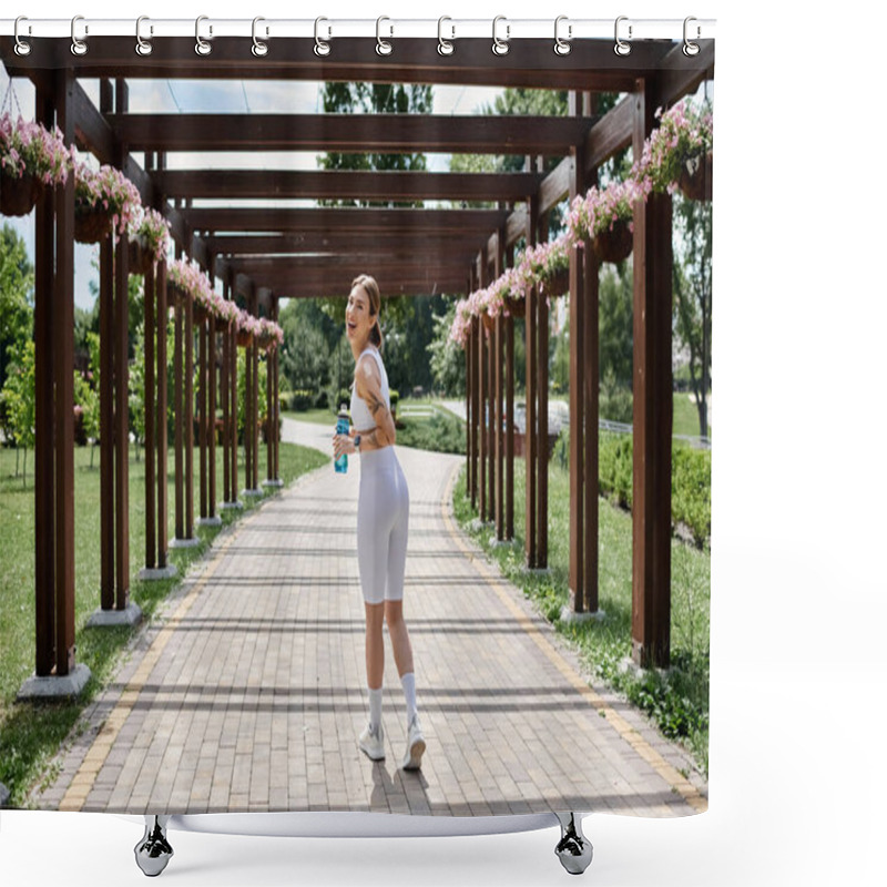 Personality  A Young Woman With Vitiligo Walks Through A Park, Enjoying A Sunny Workout. Shower Curtains