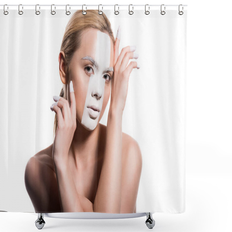 Personality  Sensual Attractive Woman With White Paint On Face Looking At Camera Isolated On White Shower Curtains