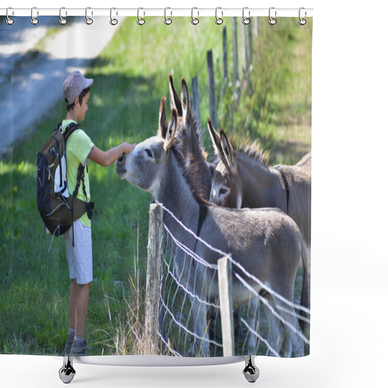 Personality  Young Boy Giving Food For Donkeys Shower Curtains