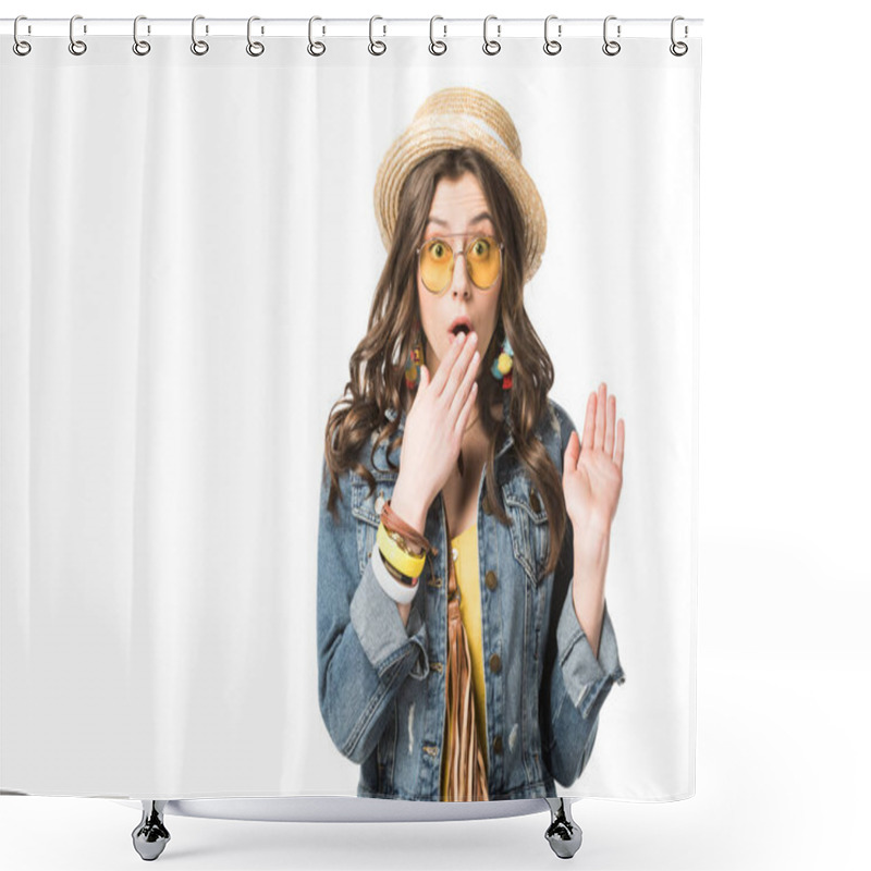 Personality  Front View Of Shocked Boho Girl Covering Mouth With Hand Isolated On White Shower Curtains