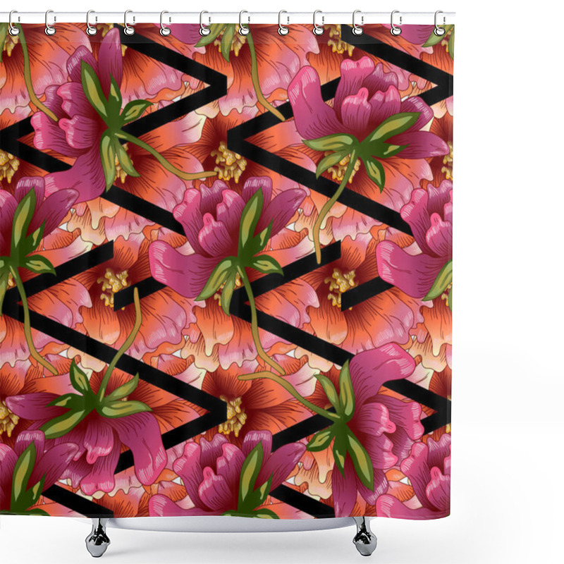 Personality  Pink Peony Flowers In A Vector Style. Seamless Background Pattern. Fabric Wallpaper Print Texture. Full Name Of The Plant: Peony. Vector Flower For Background, Wrapper Pattern, Frame Or Border. Shower Curtains