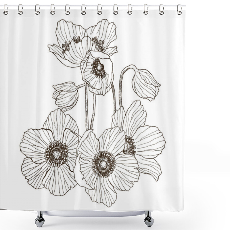 Personality  Anemone Flower Vector Drawing Bouquet. Isolated Wild Plant And Leaves. Herbal Engraved Style Illustration. Detailed Botanical Sketch. Flower Concept. Botanical Concept. Shower Curtains