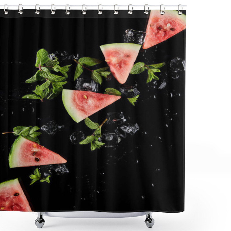 Personality  Top View Of Red Watermelon Slices With Mint And Ice Isolated On Black Shower Curtains