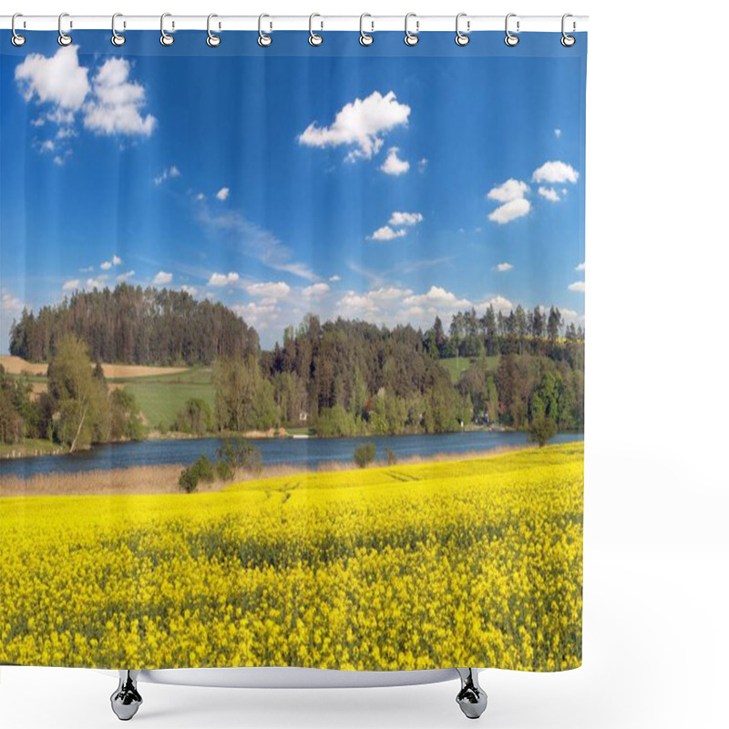 Personality  Rapeseed, Canola Or Colza Field In Latin Brassica Napus With Pond And Forest, Rape Seed Is Plant For Green Energy And Green Industry, Springtime Golden Flowering Field  Shower Curtains