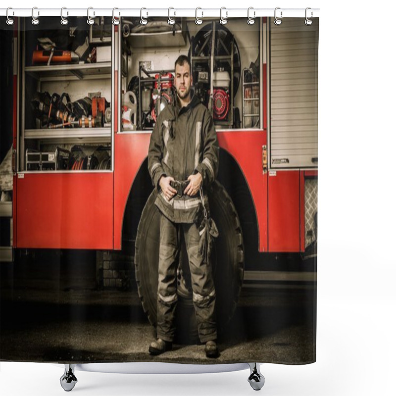 Personality  Cheerful Firefighter Near Truck With Equipment  Shower Curtains