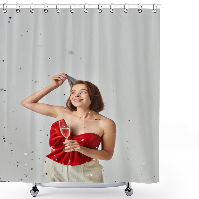 Personality  Merry Christmas Party, Cheerful Woman In Party Cap Holding Glass Of Champagne Near Confetti On Grey Shower Curtains