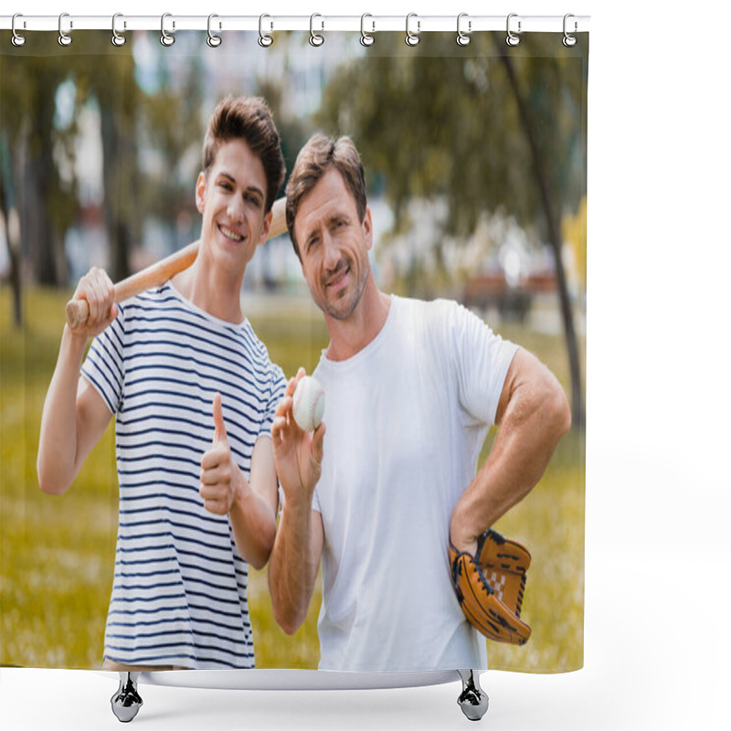 Personality  Teenager Boy With Softball Bat Showing Thumb Up Near Father In Leather Glove Holding Ball  Shower Curtains