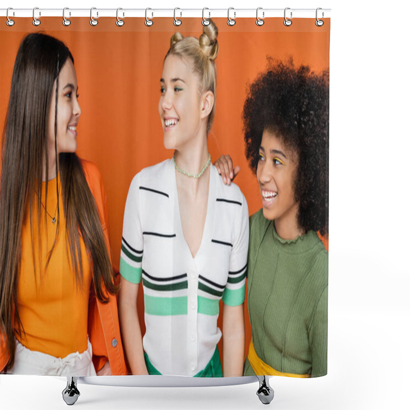 Personality  Portrait Of Positive And Multiethnic Teenage Girlfriends In Trendy Outfits With Makeup Talking And Looking At Each Other On Orange Background, Cultural Diversity And Generation Z Fashion Concept Shower Curtains