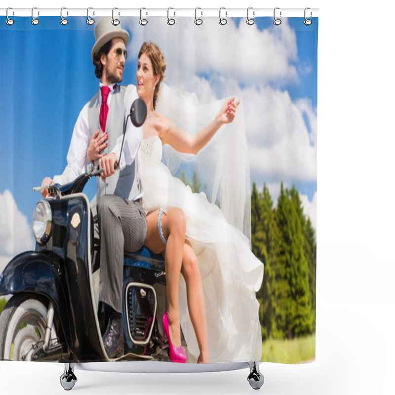 Personality  Wedding Groom And Bride Driving Motor Scooter Having Fun  Shower Curtains