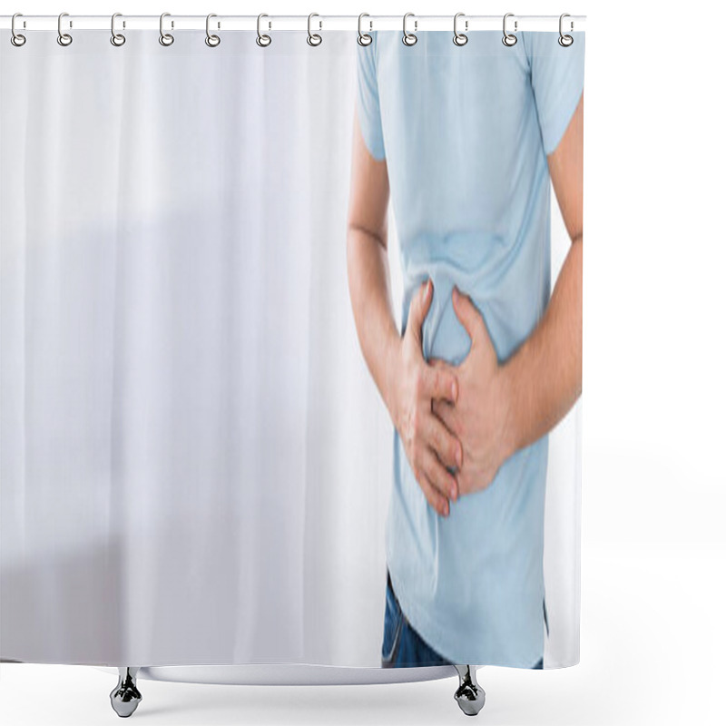 Personality  Close-up Of Young Man Suffering From Stomach Ache Standing At Home Shower Curtains