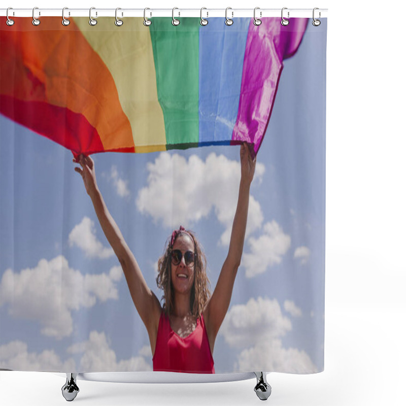 Personality  Woman Holding The Gay Rainbow Flag Over Blue And Cloudy Sky Outdoors. Happiness, Freedom And Love Concept For Same Sex Couples. LIfestyle Outdoors Shower Curtains