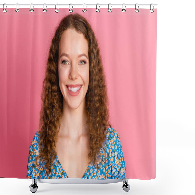 Personality  Joyful Woman With Natural Curly Hair And A Bright Smile In A Floral Summer Dress Against A Vibrant Pink Background. Shower Curtains