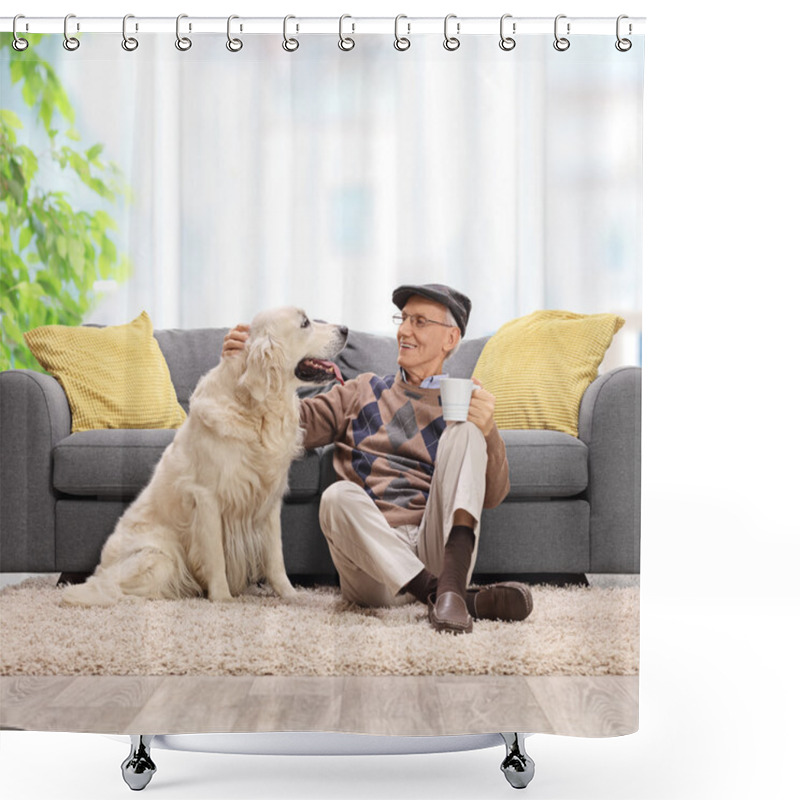 Personality  Elderly Man Sitting On The Floor And Petting His Dog Shower Curtains