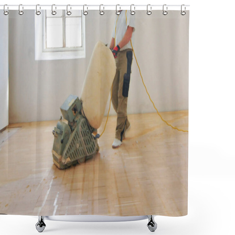 Personality  Craftsman Sanding A Parquet Floor, Working The Floor In A Building Shower Curtains