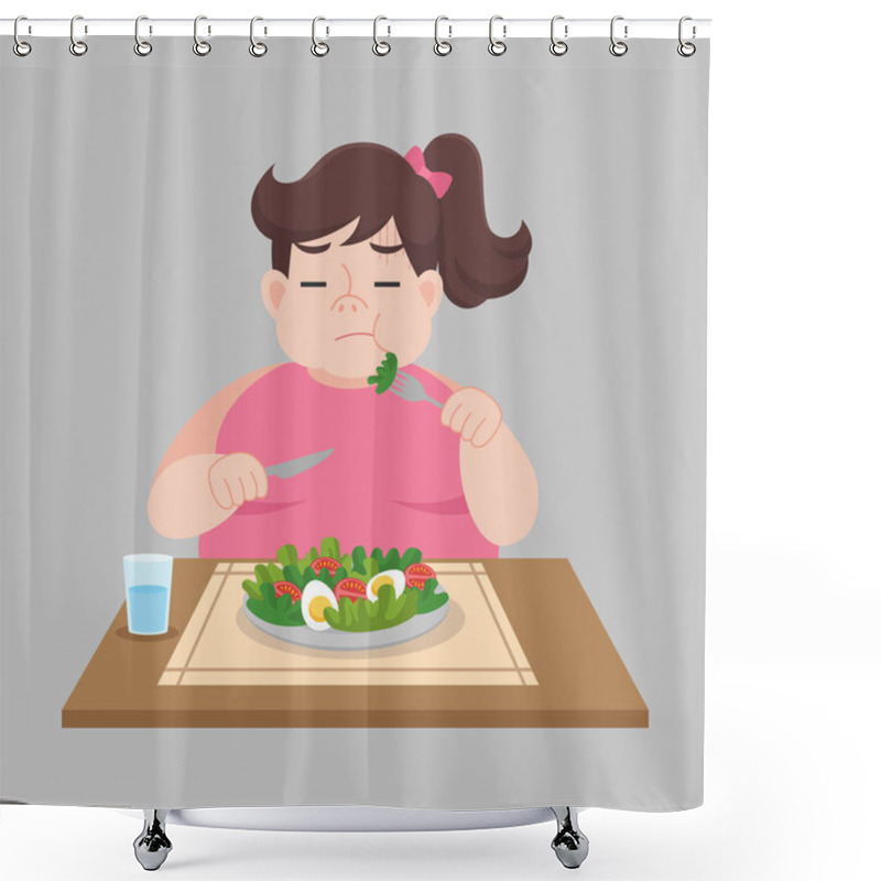 Personality  Unhappy Fat Woman Not Want To Eat Salad, Vegetable Weight Loss Healthcare Concept Cartoon. Shower Curtains