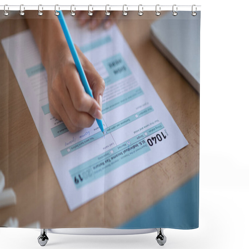 Personality  Close Up Of Woman Filling Individual Tax Declaration Shower Curtains