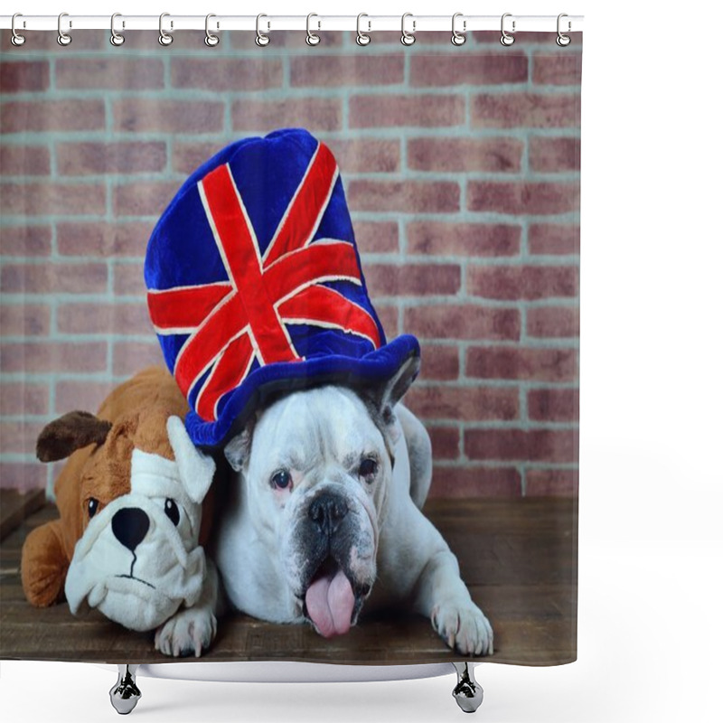 Personality  Portrait Of French Bulldog Hat With The Flag Of The United Kingdom Shower Curtains