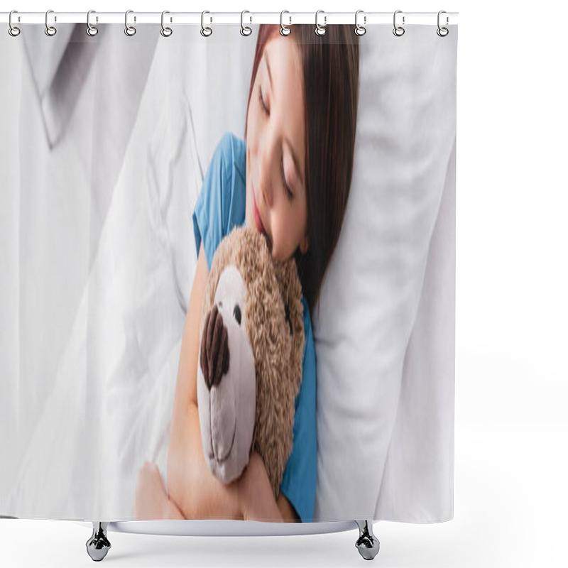 Personality  Top View Of Smiling Girl Embracing Teddy Bear While Sleeping In Clinic, Banner Shower Curtains