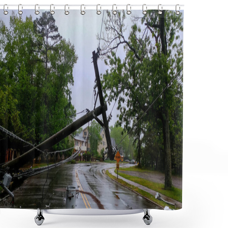 Personality  Transformer On A Electric Poles And A Tree Laying Across Power Lines Over A Road After Hurricane Shower Curtains