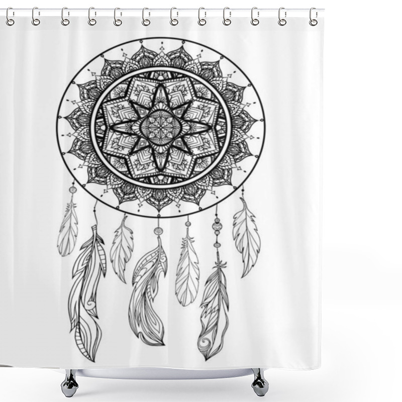 Personality  Mystical Illustration Of A Dreamcatcher With A Boho Tracery Pattern, Feathers With Beads On A White Background. Vector Magic Tribal Card For Coloring Pages And Your Creativity. Shower Curtains