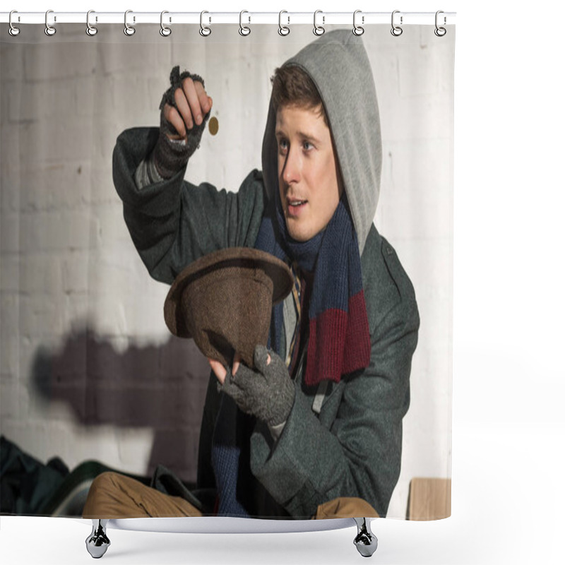 Personality  Homeless Man In Hood Throwing Coin Into Hat Shower Curtains