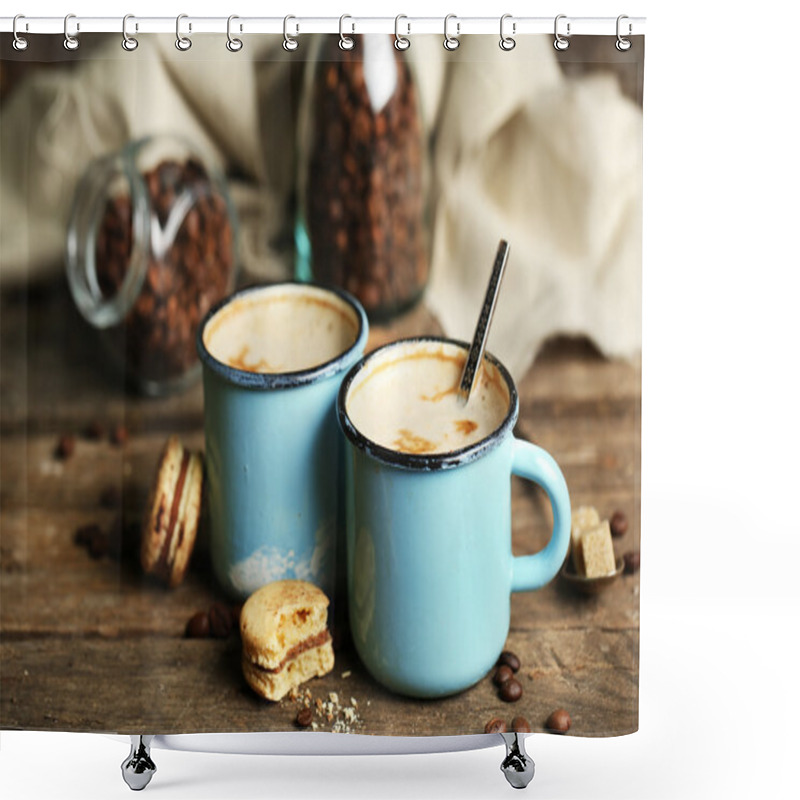 Personality  Beautiful Composition With Tasty Cappuccino On Wooden Table Shower Curtains