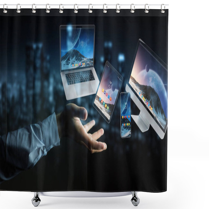 Personality  Businessman Connecting Modern Smartphone Tablet Laptop And Compu Shower Curtains