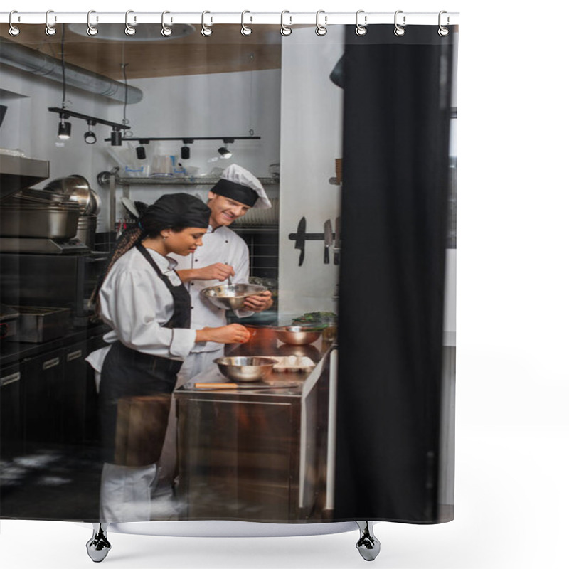 Personality  Cheerful Multiethnic Chefs Cooking Together In Professional Kitchen  Shower Curtains